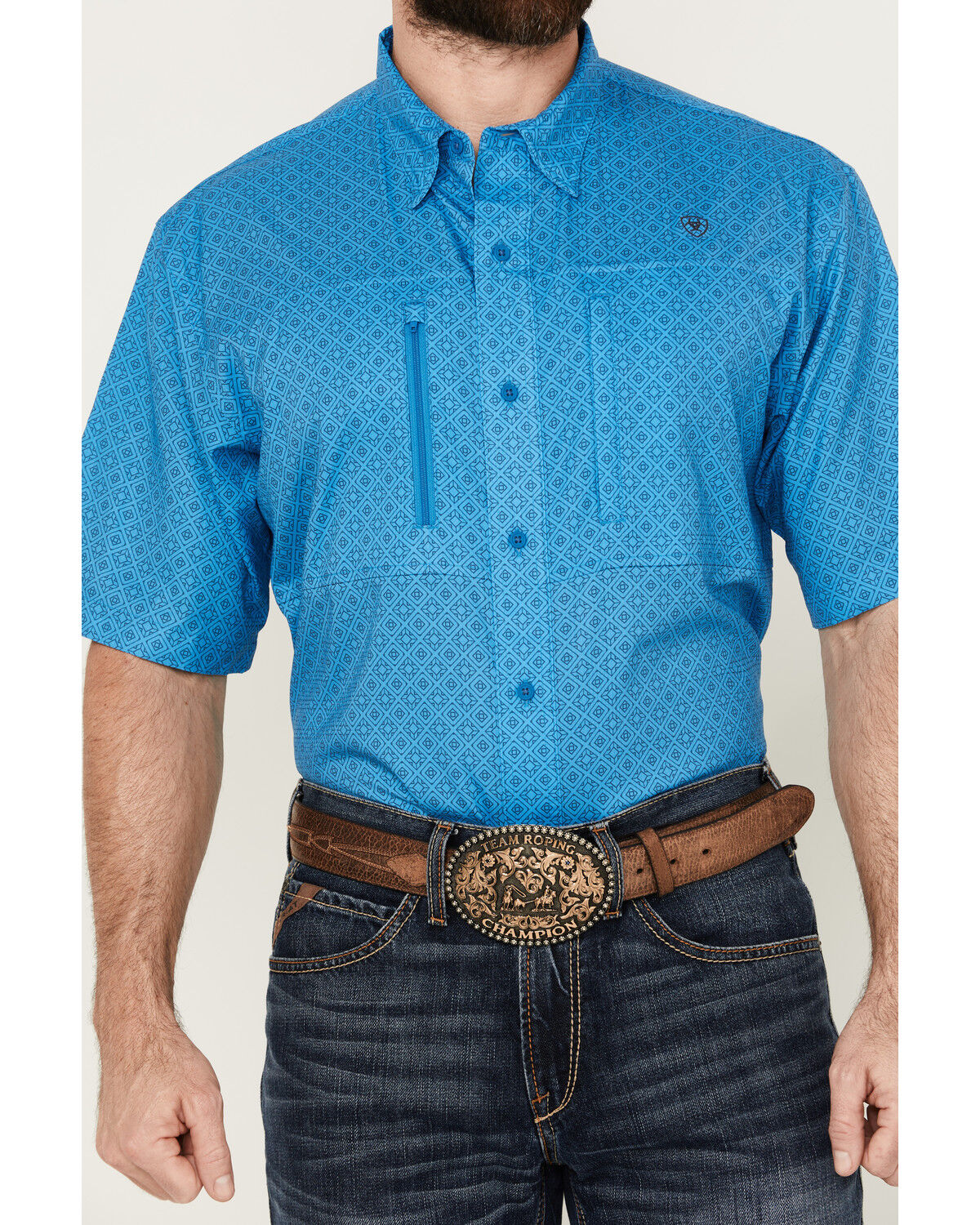 Image #3 - Ariat Men's VentTek Diamond Geo Print Short Sleeve Button-Down Performance Western Shirt - Tall, Blue, hi-res