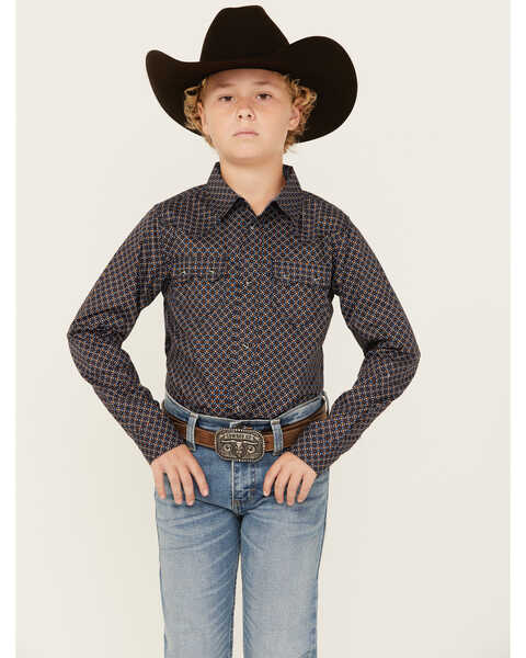 Cody James Boys' Dotted Long Sleeve Snap Western Shirt , Dark Blue, hi-res