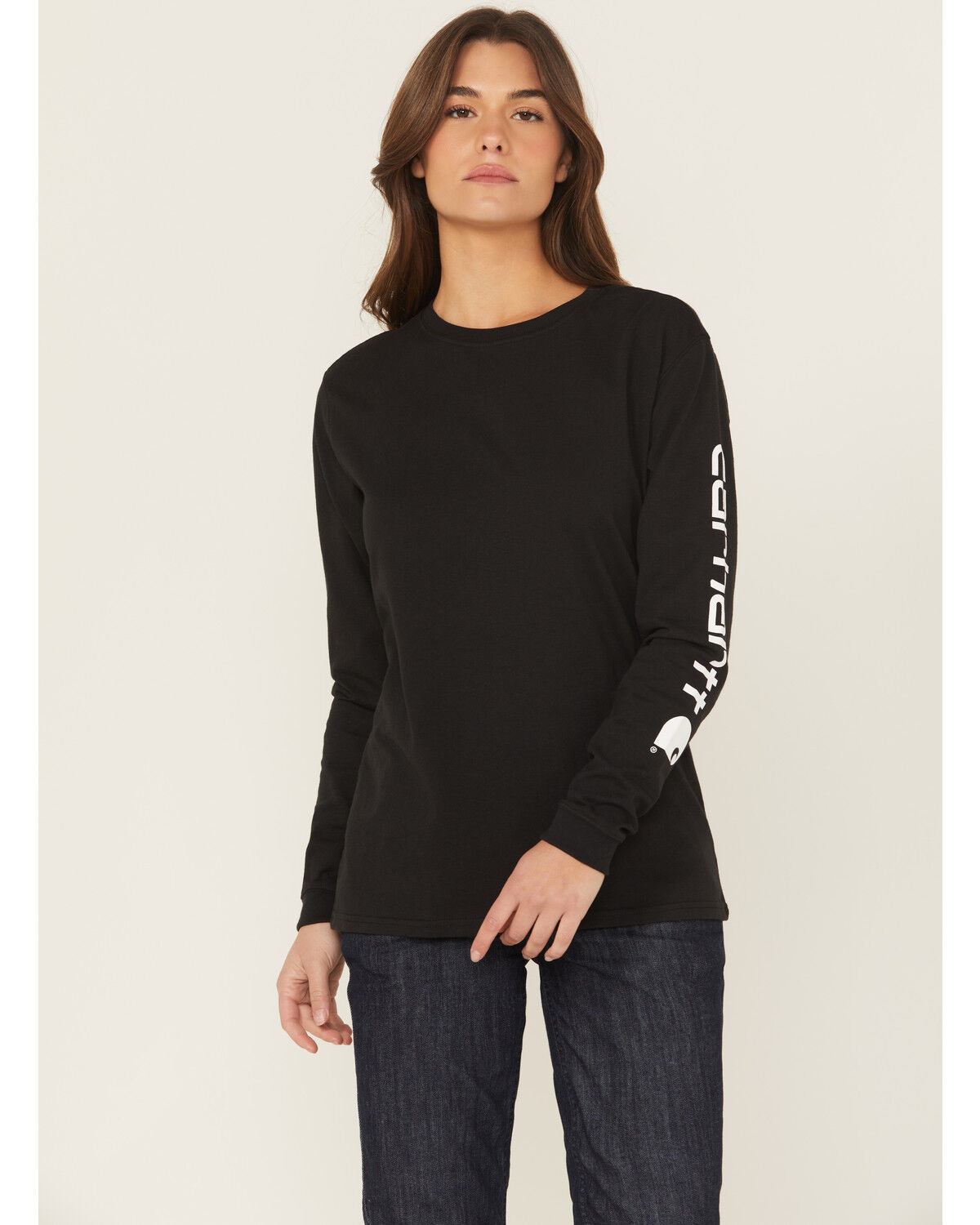 Image #1 - Carhartt Women's Loose Fit Heavyweight Long Sleeve Logo Graphic Work Tee, Black, hi-res