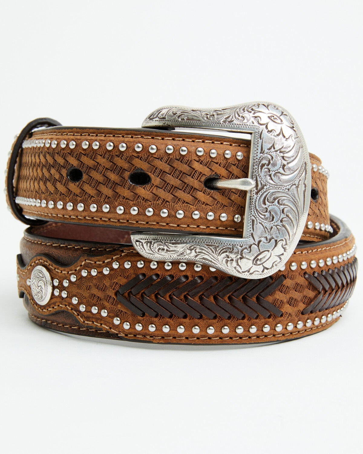 Nocona Belt Co. Men's Ostrich Basket Weave Billets Leather Belt, Brown, hi-res