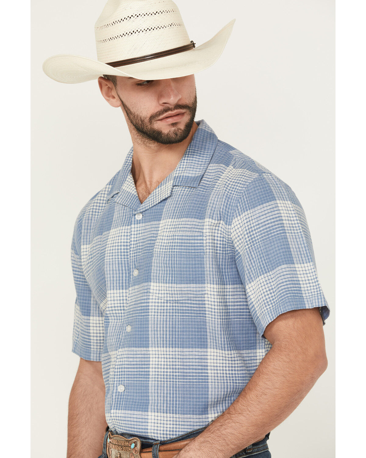 Image #2 - Pendleton Men's Camp Linen Plaid Print Short Sleeve Button-Down Western Shirt, Blue, hi-res