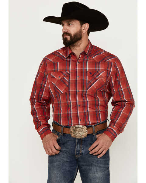 Rodeo Clothing Men's Plaid Print Long Sleeve Snap Western Shirt, Red, hi-res