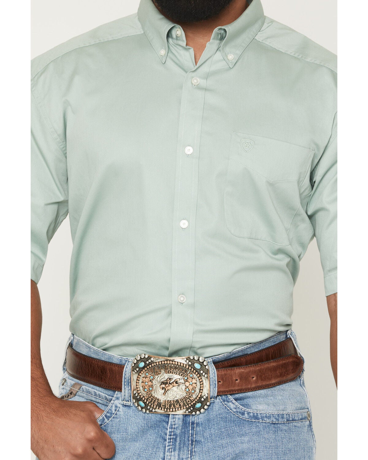 Image #3 - Ariat Men's Lightweight Twill Solid Short Sleeve Button-Down Western Shirt, Green, hi-res