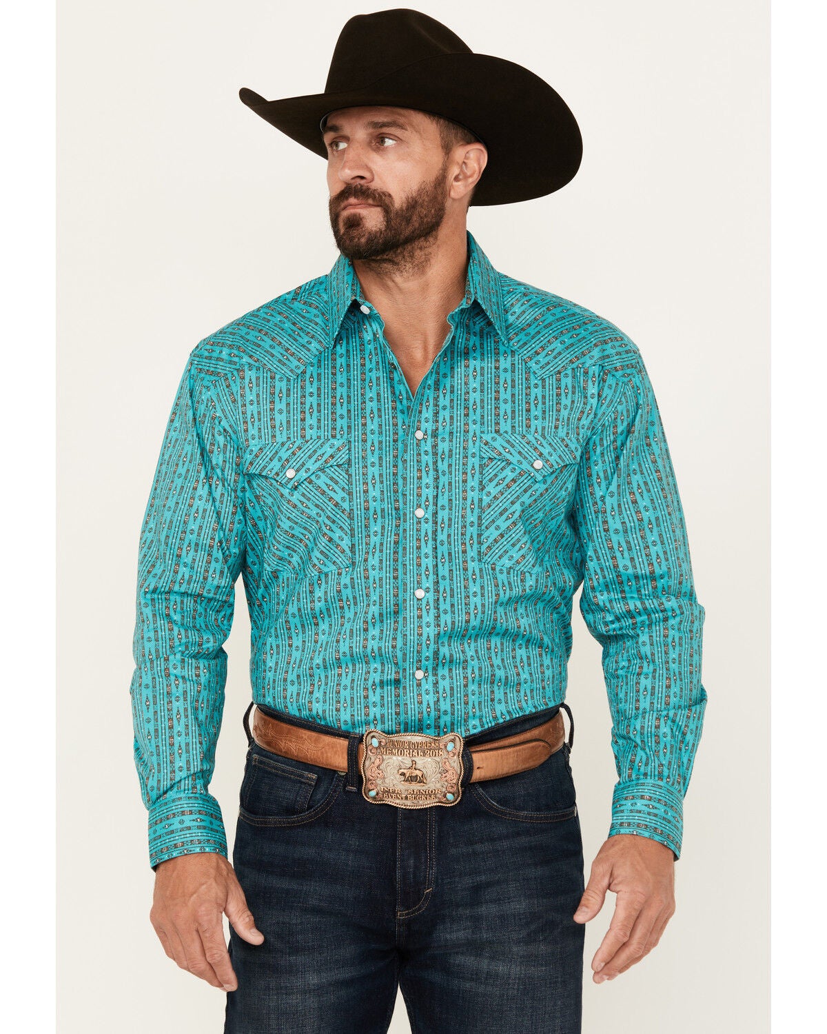 Rough Stock by Panhandle Men's Southwestern Striped Print Long Sleeve Pearl Snap Stretch Western Shirt, Turquoise, hi-res