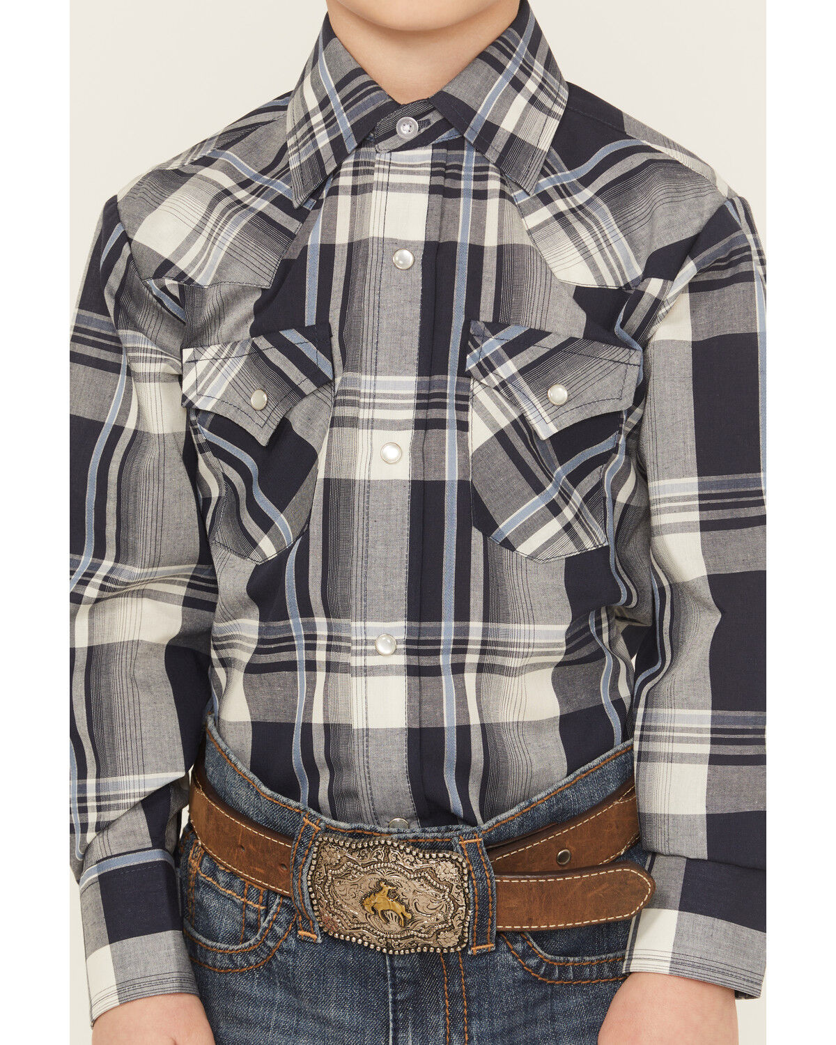 Image #3 - Ely Walker Boys' Plaid Print Long Sleeve Snap Western Shirt, Navy, hi-res