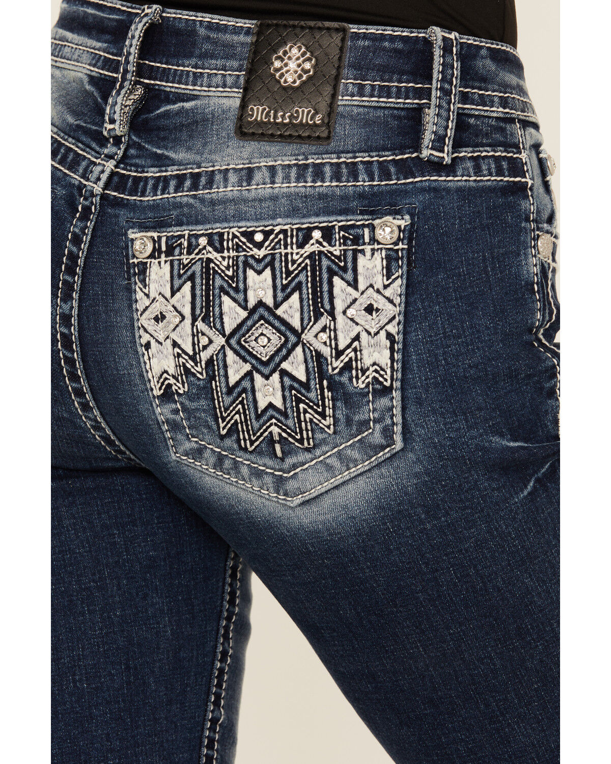 Image #2 - Miss Me Women's Dark Wash Mid Rise Geo Pocket Bootcut Stretch Denim Jeans, Dark Wash, hi-res