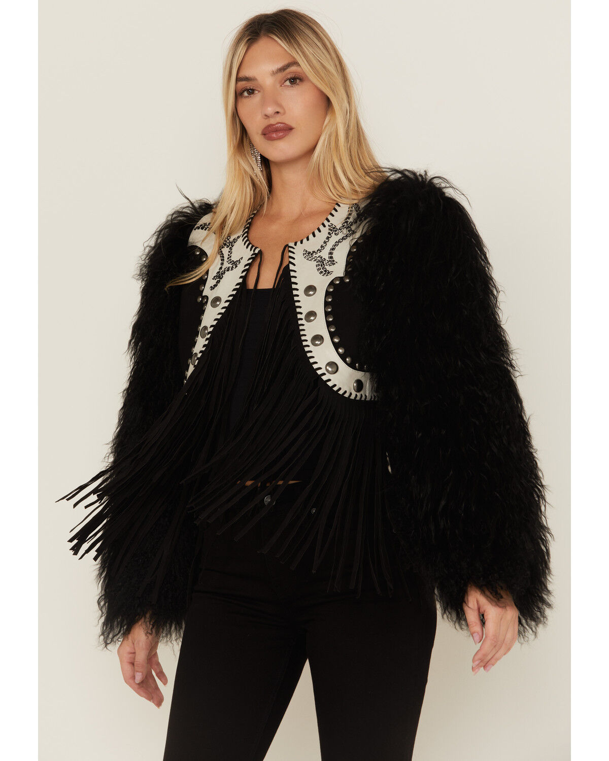 Image #1 - Double D Ranch Women's Wild Woolie Fringe Cropped Jacket, Black, hi-res