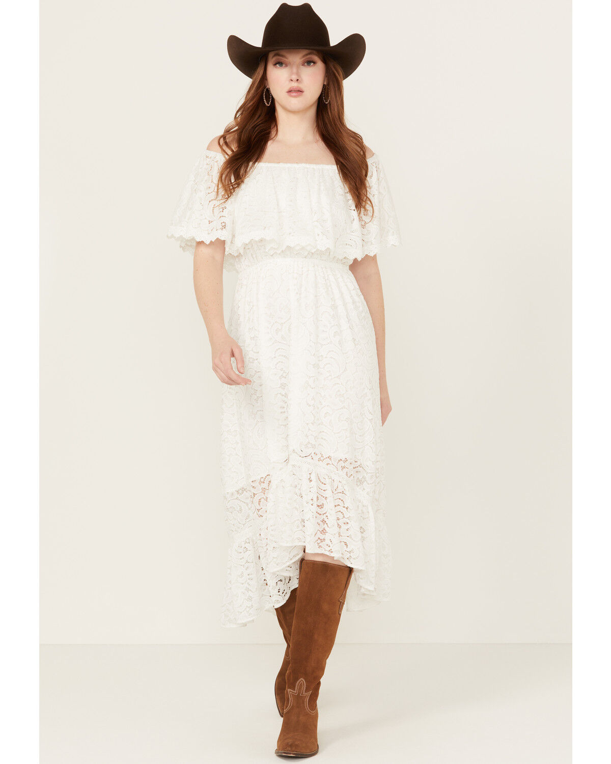 Image #1 - Beyond The Radar Women's Off The Shoulder Lace Midi Dress, Ivory, hi-res