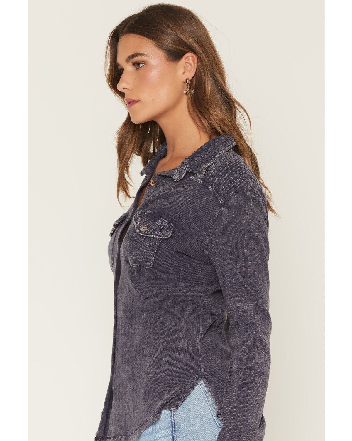 Image #2 - Wild Moss Women's Washed Lightweight Long Sleeve Button-Down Shirt, Navy, hi-res