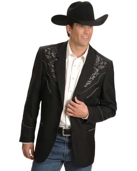 Scully Men's Gray Floral Embroidery Black Western Jacket, Charcoal Grey, hi-res