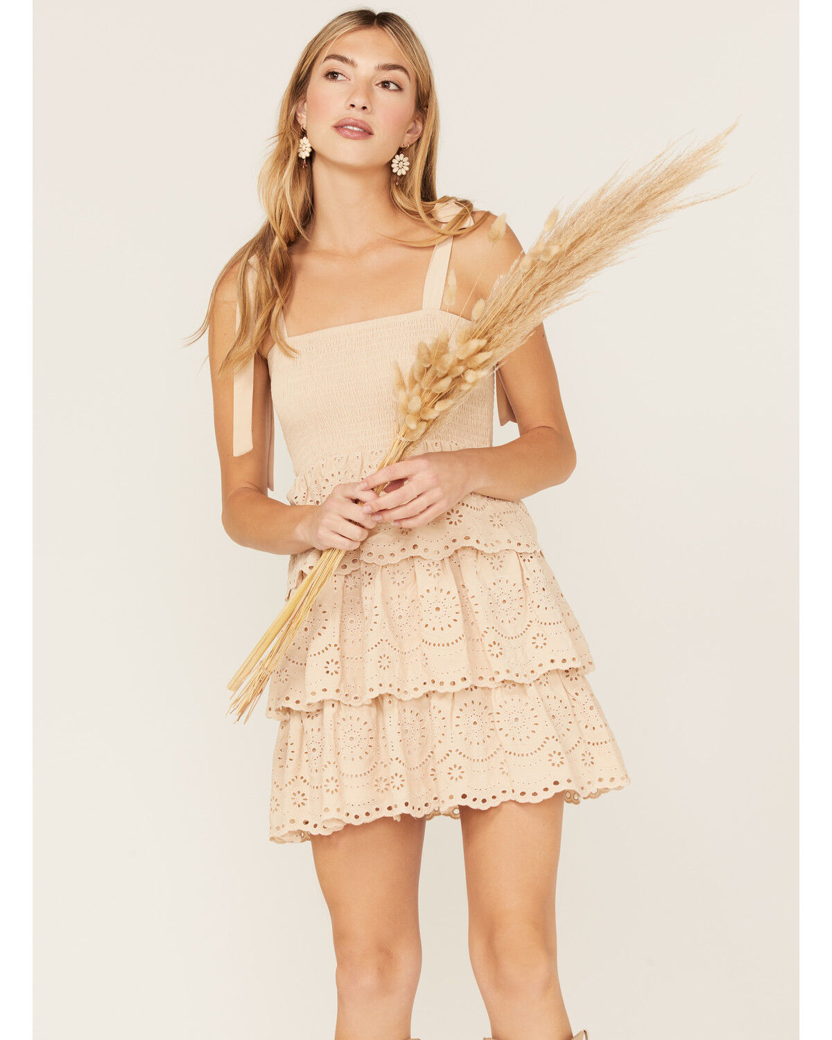 Image #1 - Jolt Women's Smocked Tiered Lace Mini Dress, Off White, hi-res