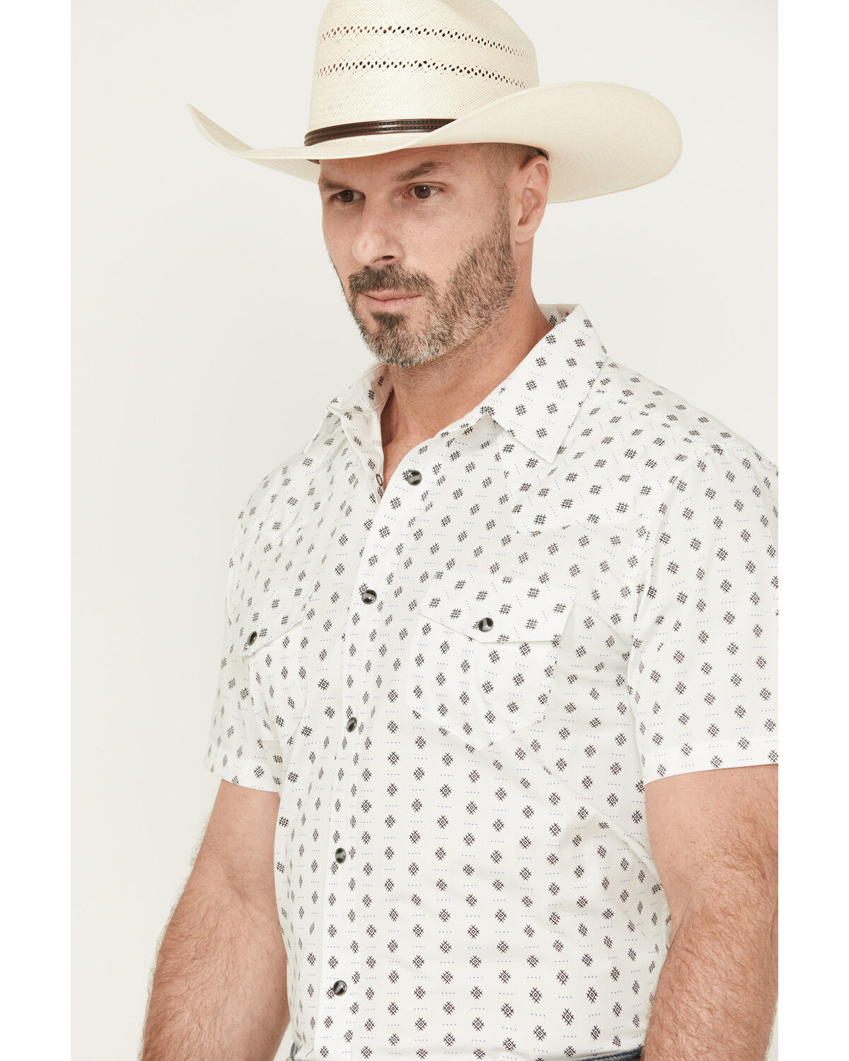 Image #2 - Gibson Trading Co Men's Sun Dial Geo Print Short Sleeve Snap Stretch Western Shirt, White, hi-res