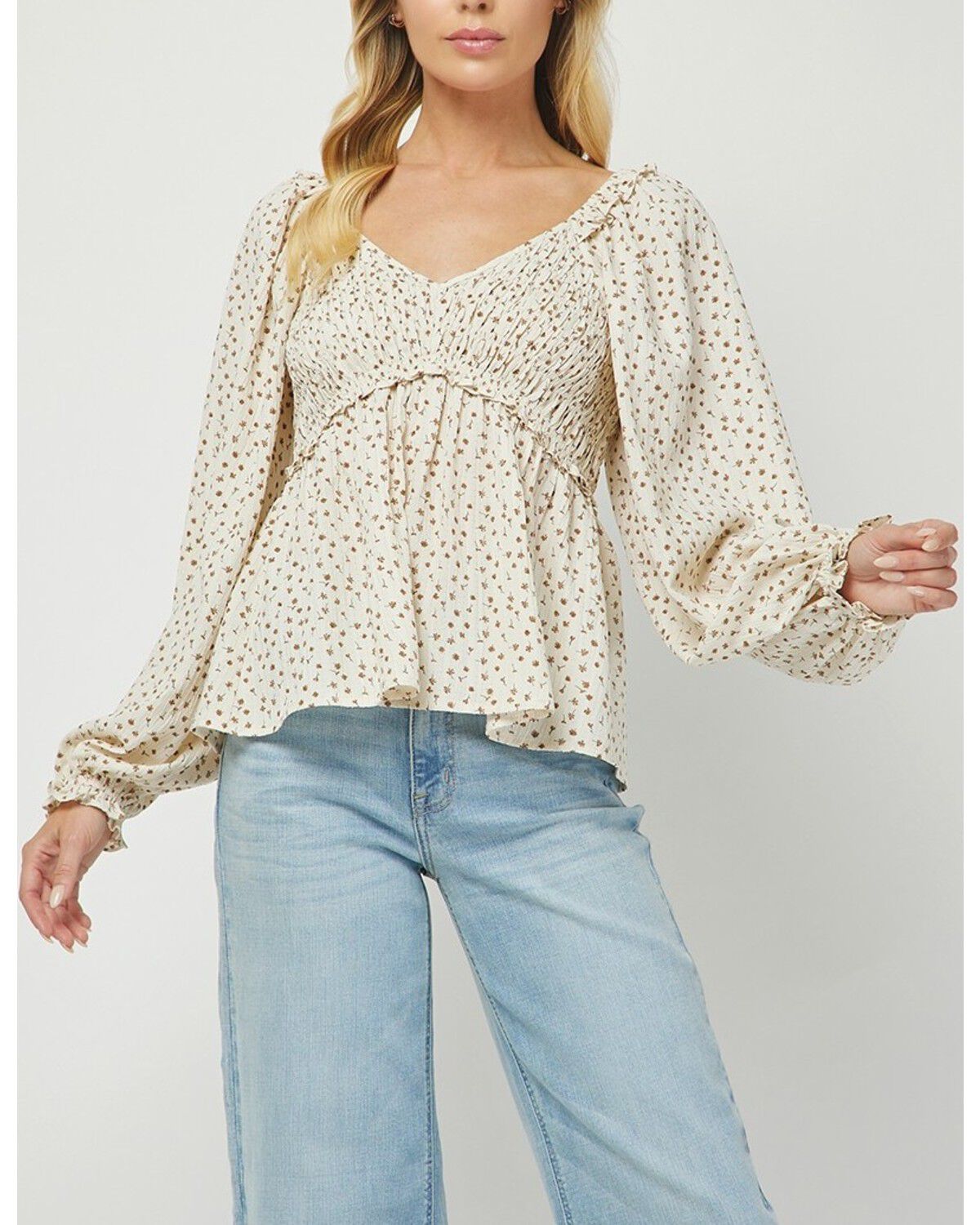 Yura Women's Floral Print Long Sleeve Shirt, Cream, hi-res
