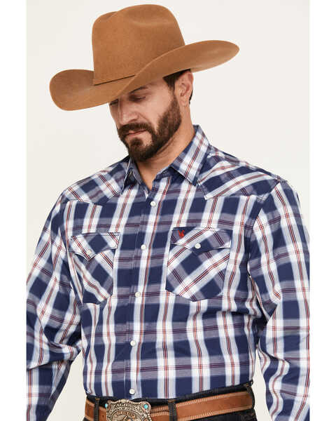 Image #2 - Rodeo Clothing Men's Plaid Print Long Sleeve Pearl Snap Western Shirt, Navy, hi-res