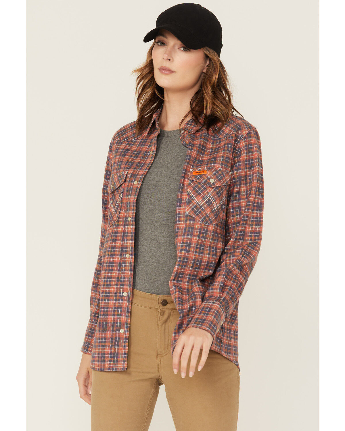 Image #1 - Wrangler Women's FR Plaid Print Long Sleeve Snap Work Shirt - Plus, Red, hi-res
