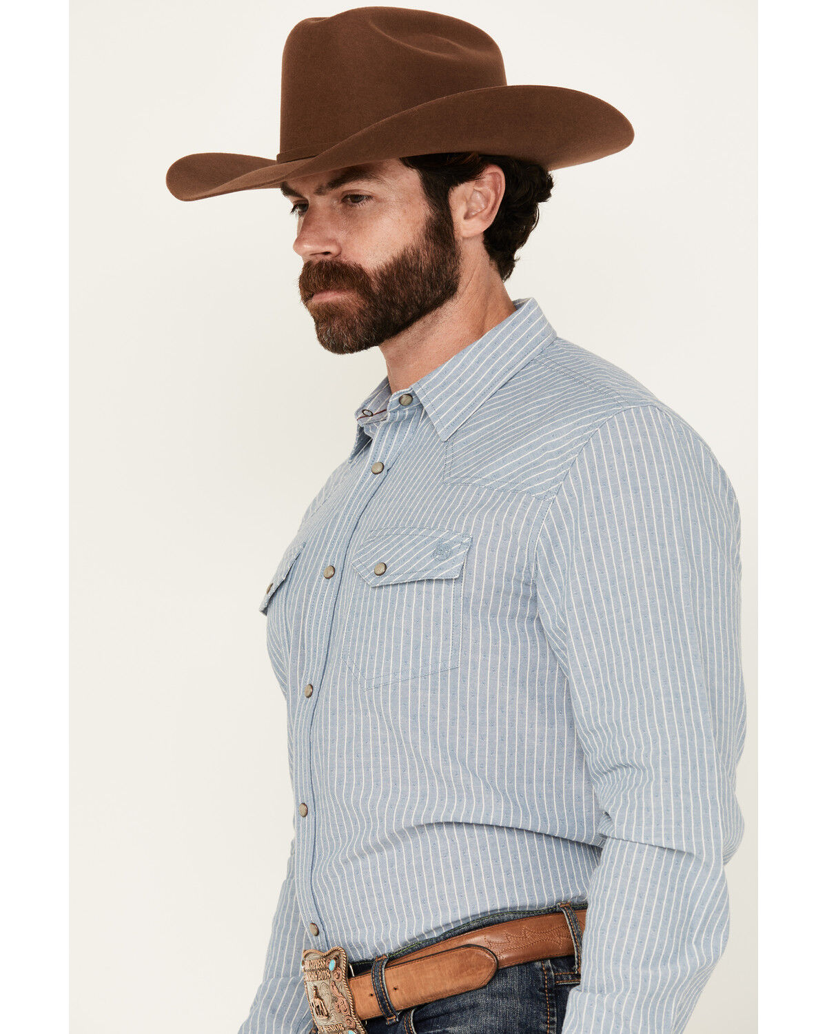 Image #2 - Blue Ranchwear Men's Bennet Striped Print Long Sleeve Snap Western Shirt, Light Blue, hi-res