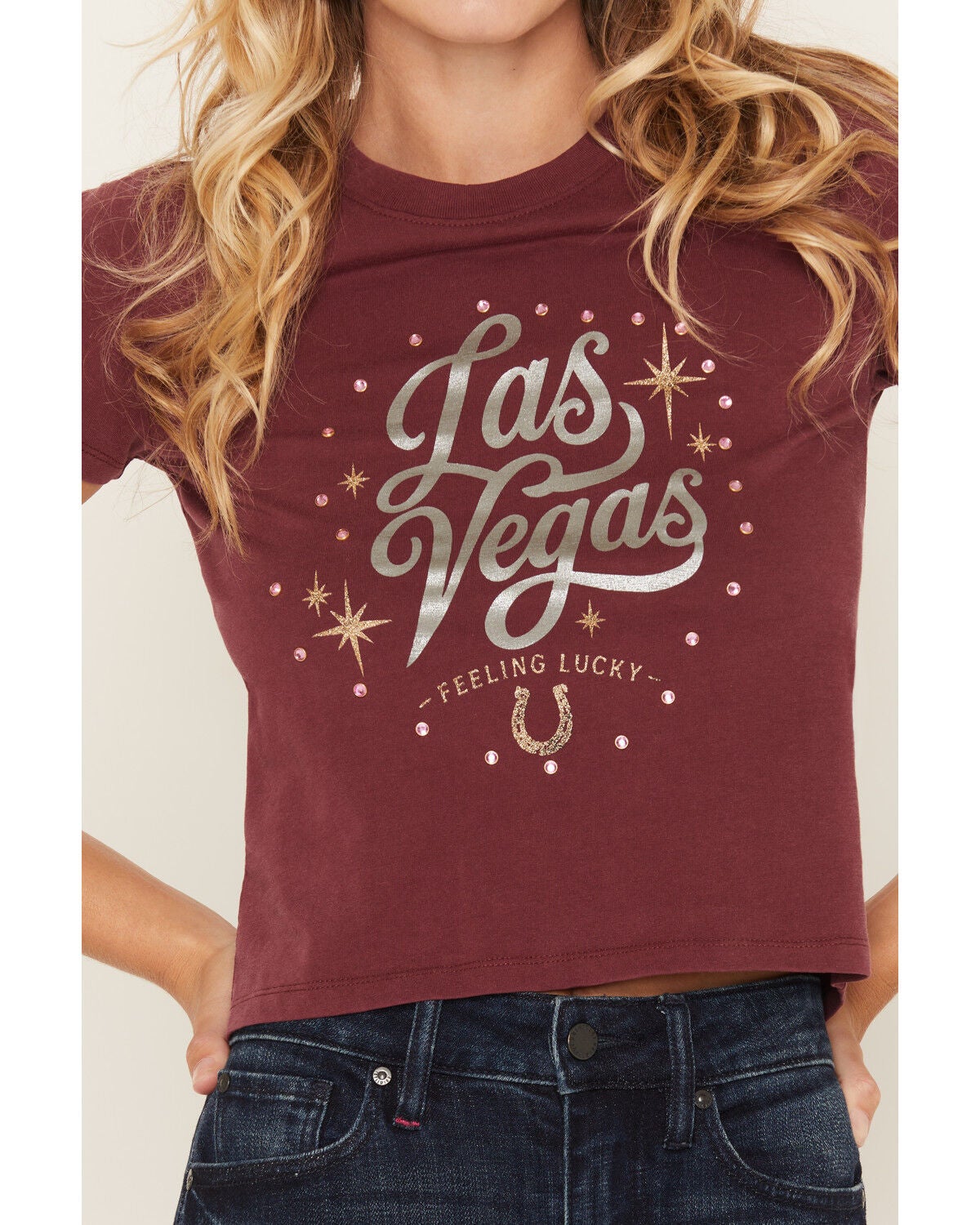 Image #3 - Blue Life Women's Vegas Rhinestone Short Sleeve Graphic Tee, Maroon, hi-res