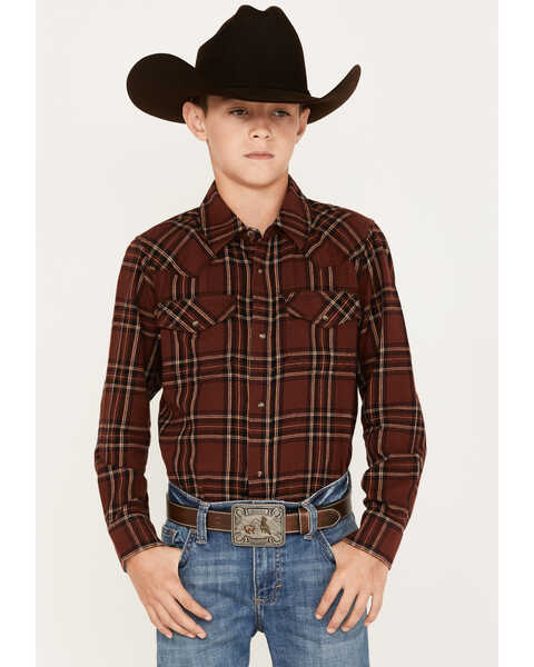Cody James Boys' Plaid Print Long Sleeve Snap Flannel Shirt, Rust Copper, hi-res