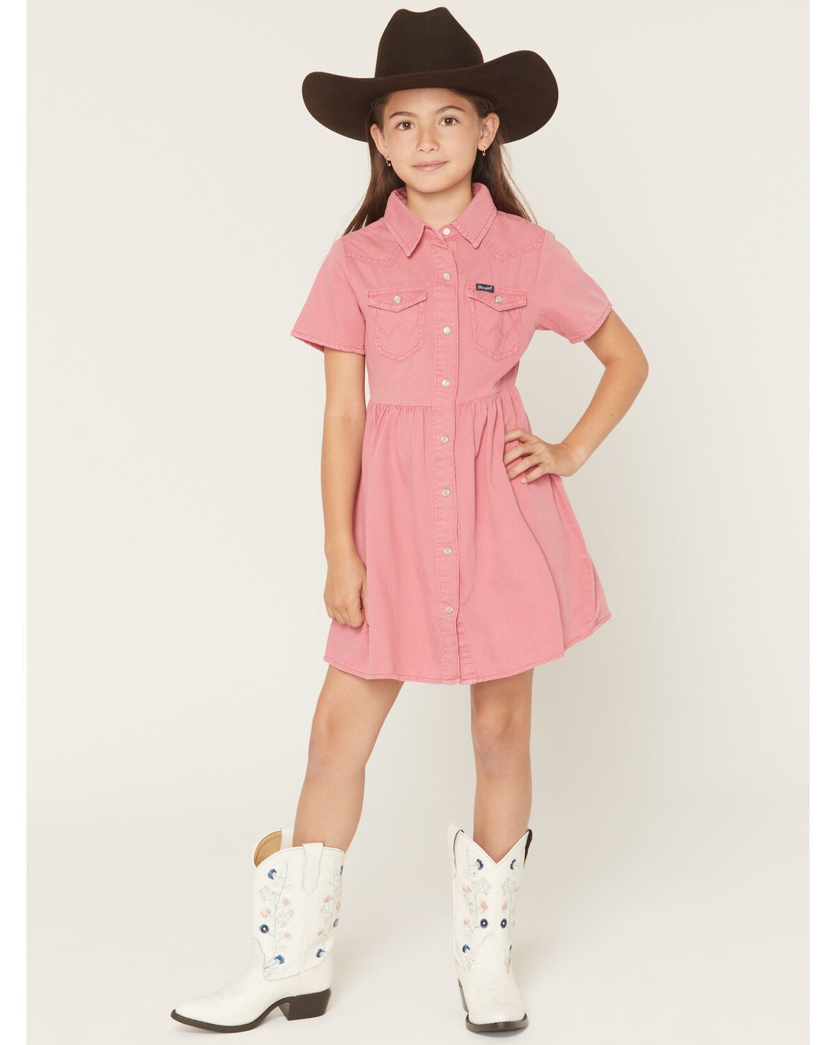 Wrangler Girls' Solid Shirt Sleeve Snap Denim Dress, Pink, hi-res
