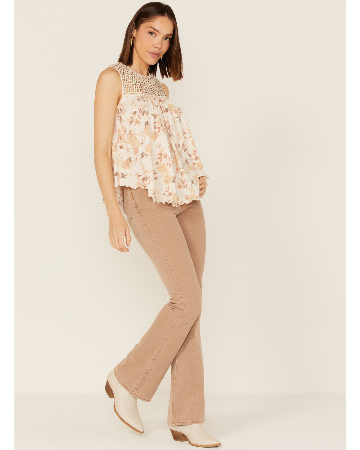 Image #2 - Wild Moss Women's Crochet Studded Yoke Flowy Tank Top, Cream, hi-res