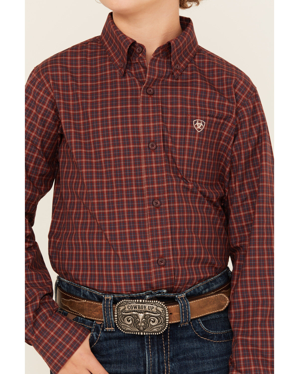 Image #3 - Ariat Boys' Pro Series Plaid Print Long Sleeve Button-Down Western Shirt, Burgundy, hi-res