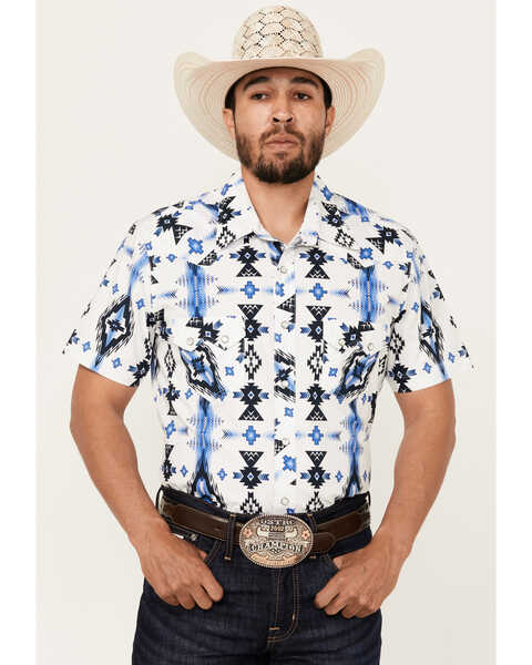 Rock & Roll Denim Men's Southwestern Print Short Sleeve Snap Stretch Western Shirt , White, hi-res