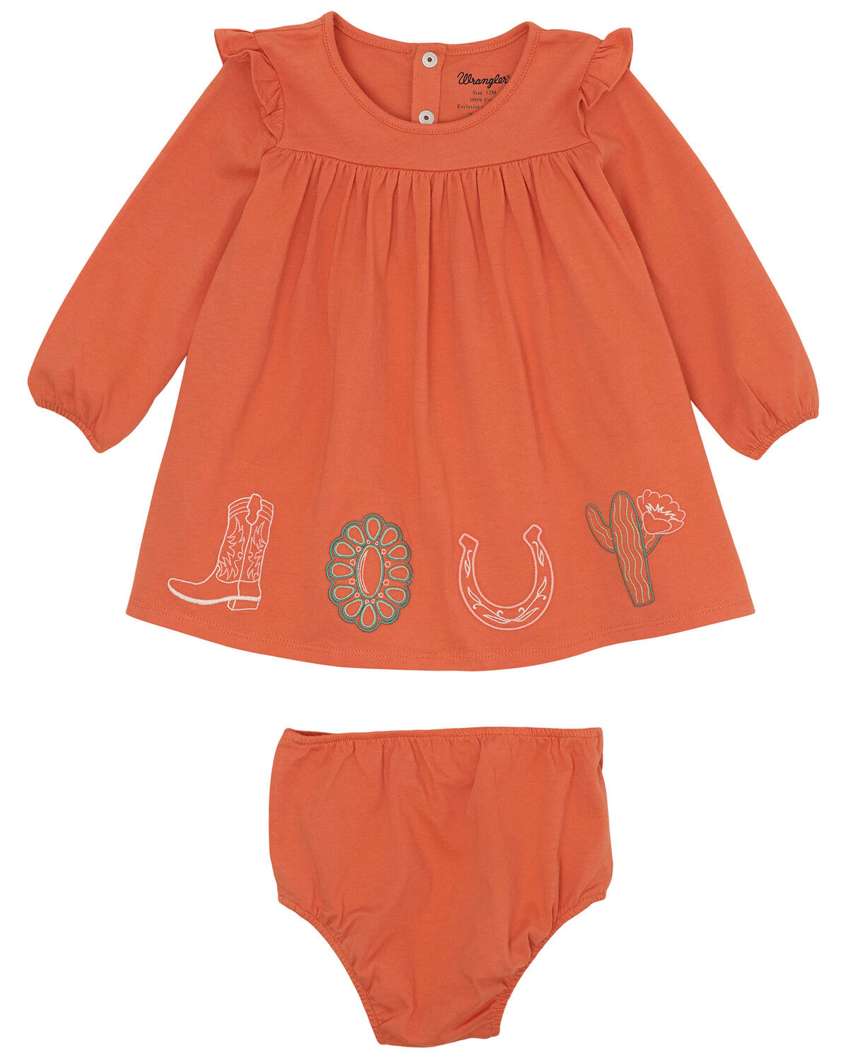 Image #1 - Wrangler Infant Girls' Print Long Sleeve Dress And Diaper Cover - 2 Piece, Coral, hi-res