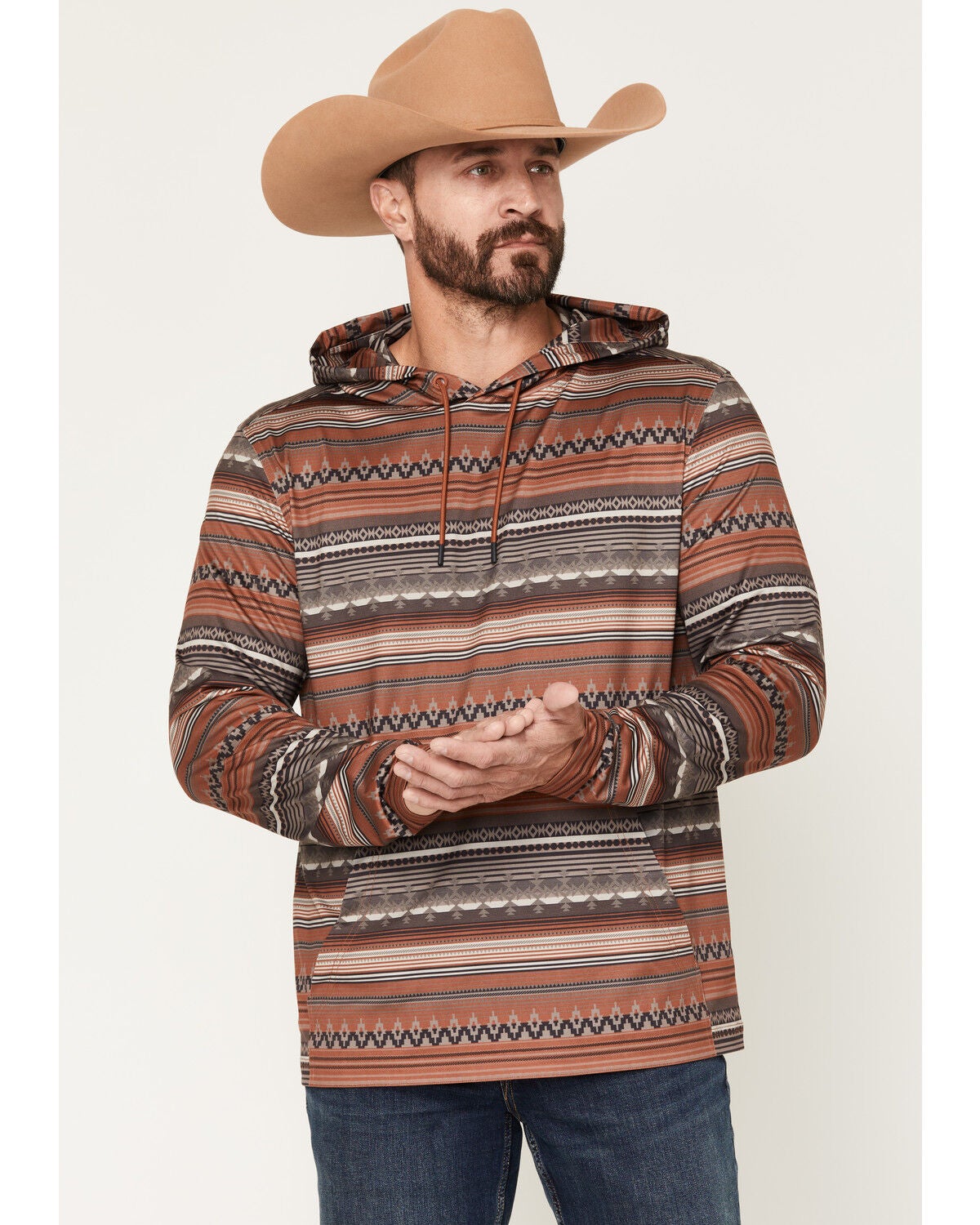 Image #1 - RANK 45&reg; Men's Stone Mesa Southwestern Print Tech Hooded Long Sleeve Shirt, Brown, hi-res