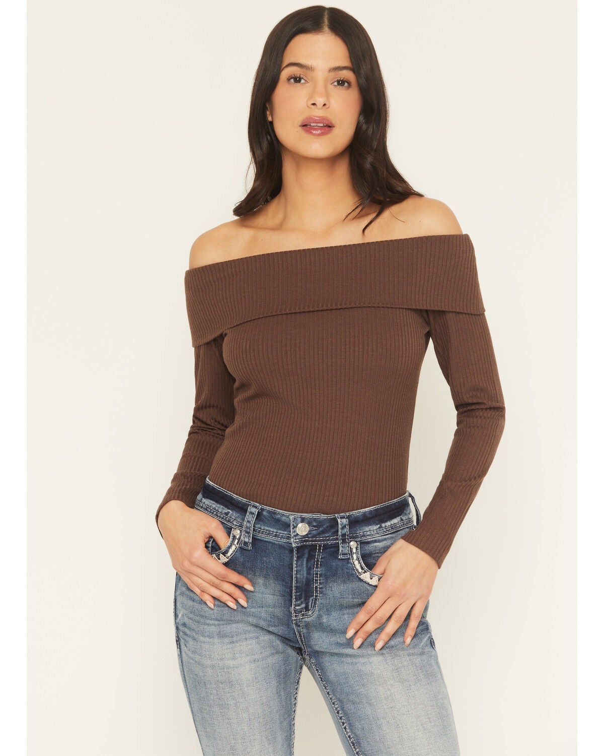 Shyanne Women's Rib Knit Off The Shoulder Long Sleeve Shirt, Brown, hi-res
