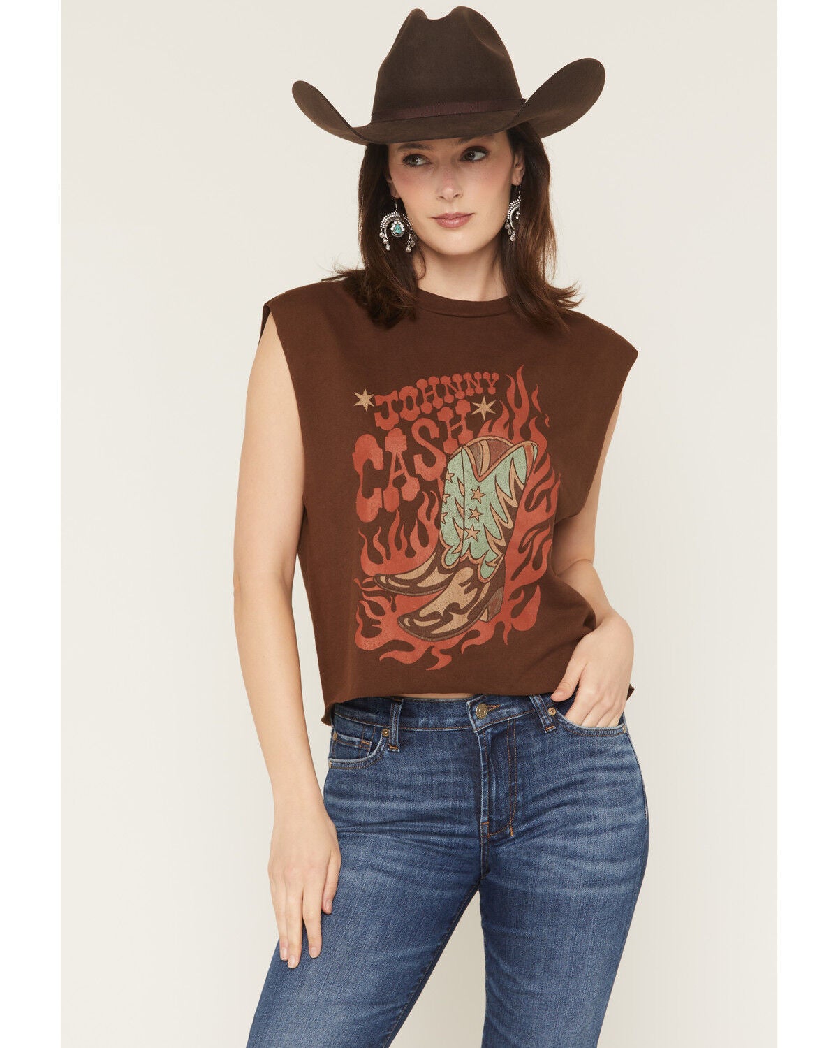 Merch Traffic Women's Johnny Cash Boot Muscle Tank, Brown, hi-res