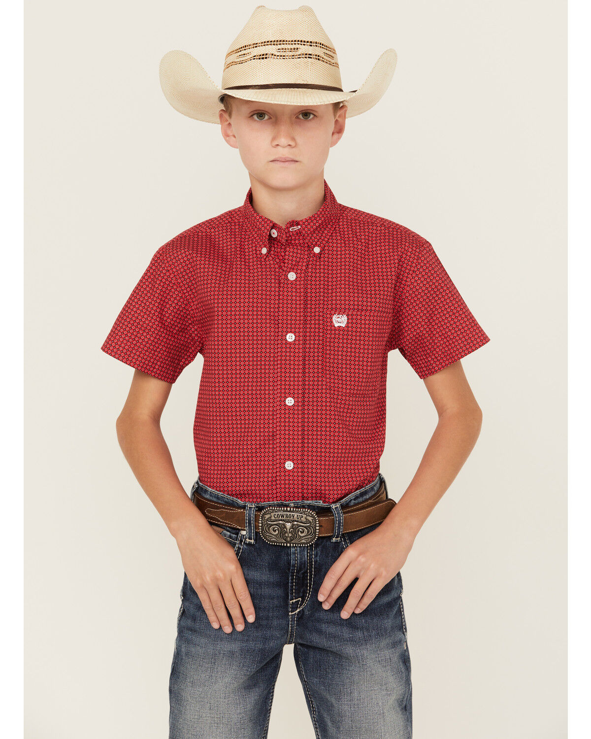 Image #1 - Cinch Boys' Geo Print Short Sleeve Button-Down Western Shirt, Red, hi-res