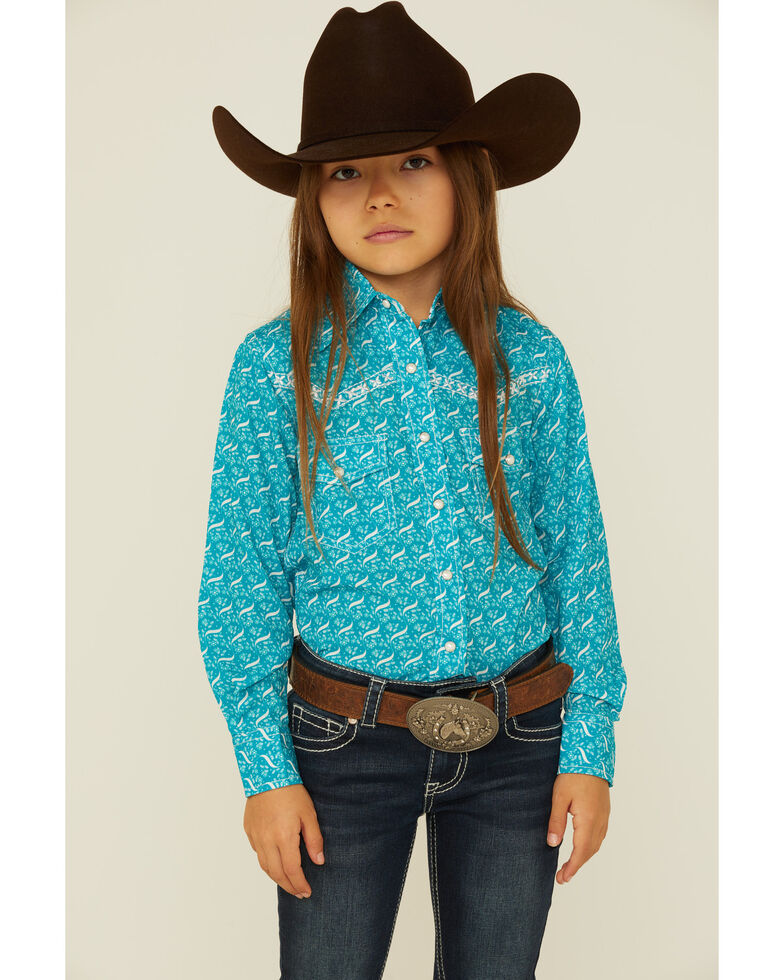 Cowboy Hardware Girls' Floral Wave Print Western Long Sleeve Shirt, Turquoise, hi-res