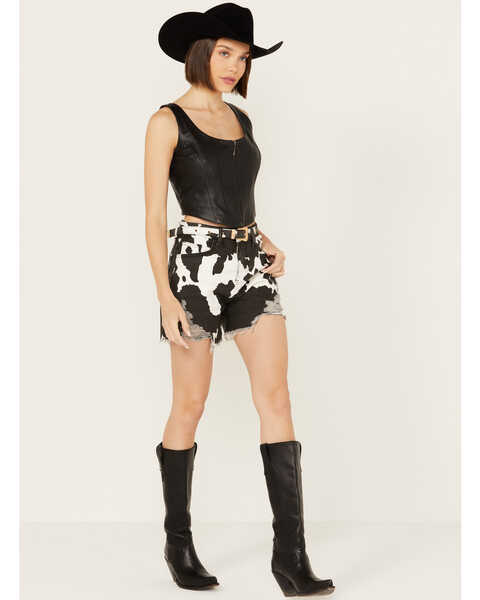 Image #1 - Blue B Women's High Rise Cow Print Belted Shorts , Black, hi-res