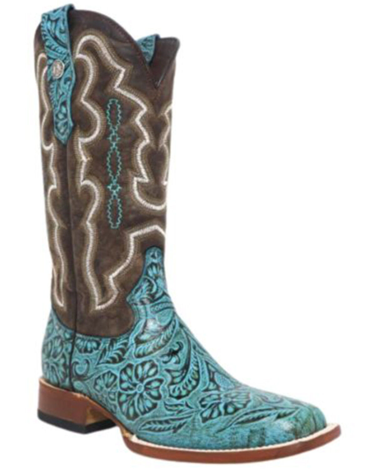 Image #1 - Tanner Mark Women's Misty Tooled Western Boots - Broad Square Toe, Turquoise, hi-res