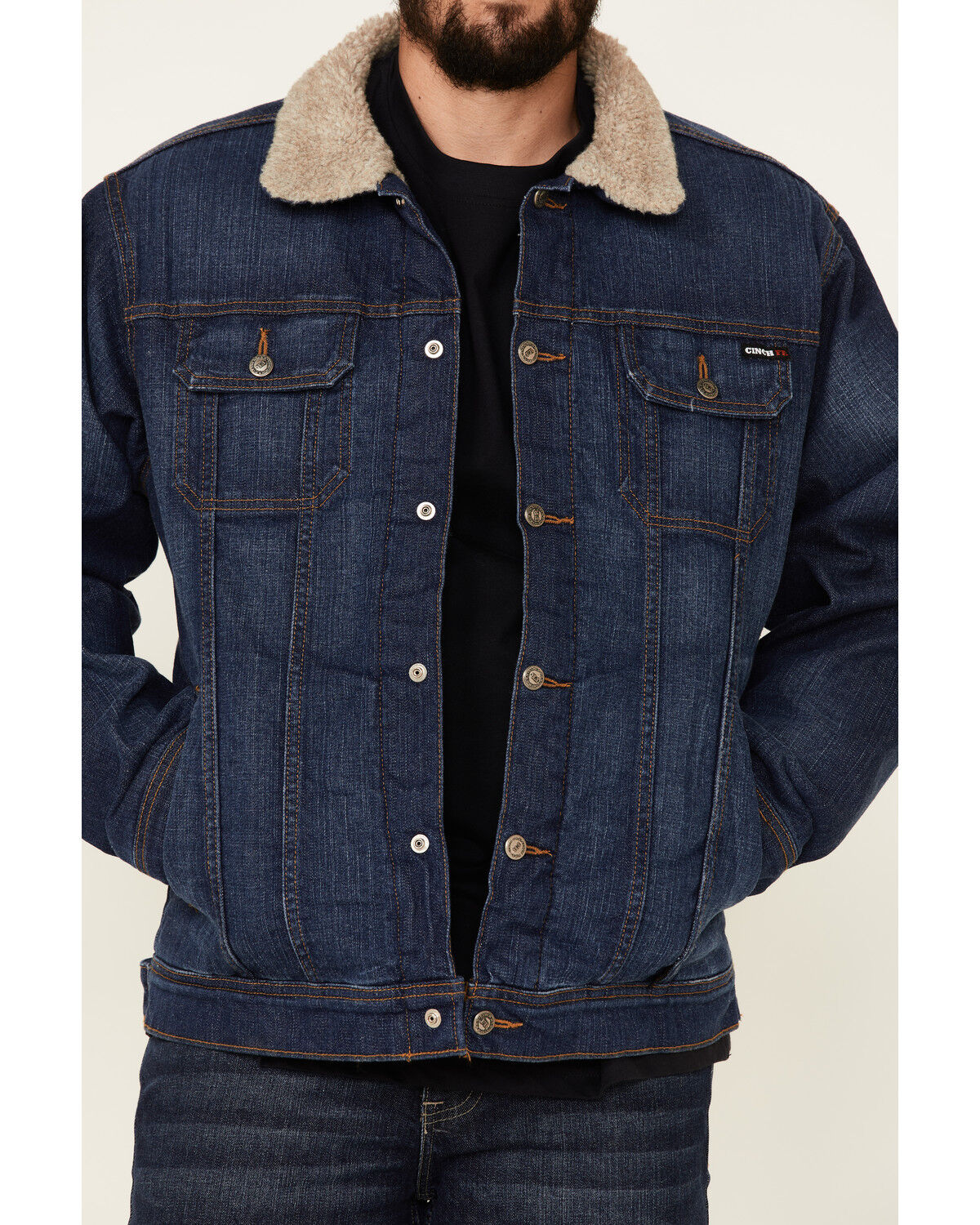 Image #3 - Cinch Men's FR Stretch Denim Sherpa Lined Trucker Work Jacket, Indigo, hi-res