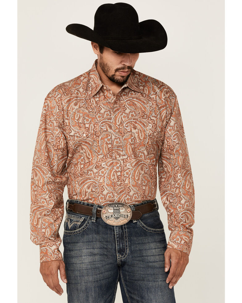 Stetson Men's Dusty Trail Paisley Print Long Sleeve Snap Western Shirt , Orange, hi-res