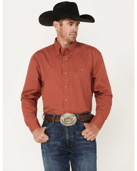 George Strait by Wrangler Men's Long Sleeve Button-Down One Pocket Printed Western Shirt, Red, hi-res
