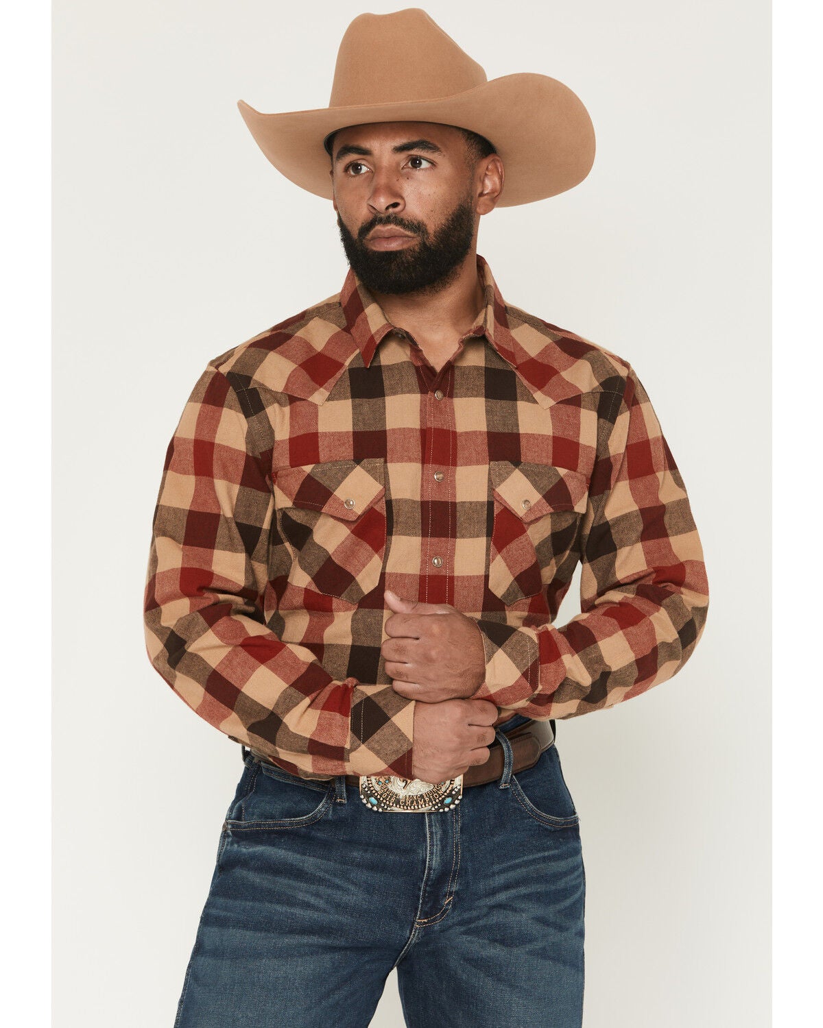 Image #1 - Pendleton Men's Boot Barn Exclusive Wyatt Plaid Print Long Sleeve Snap Western Shirt, Tan, hi-res