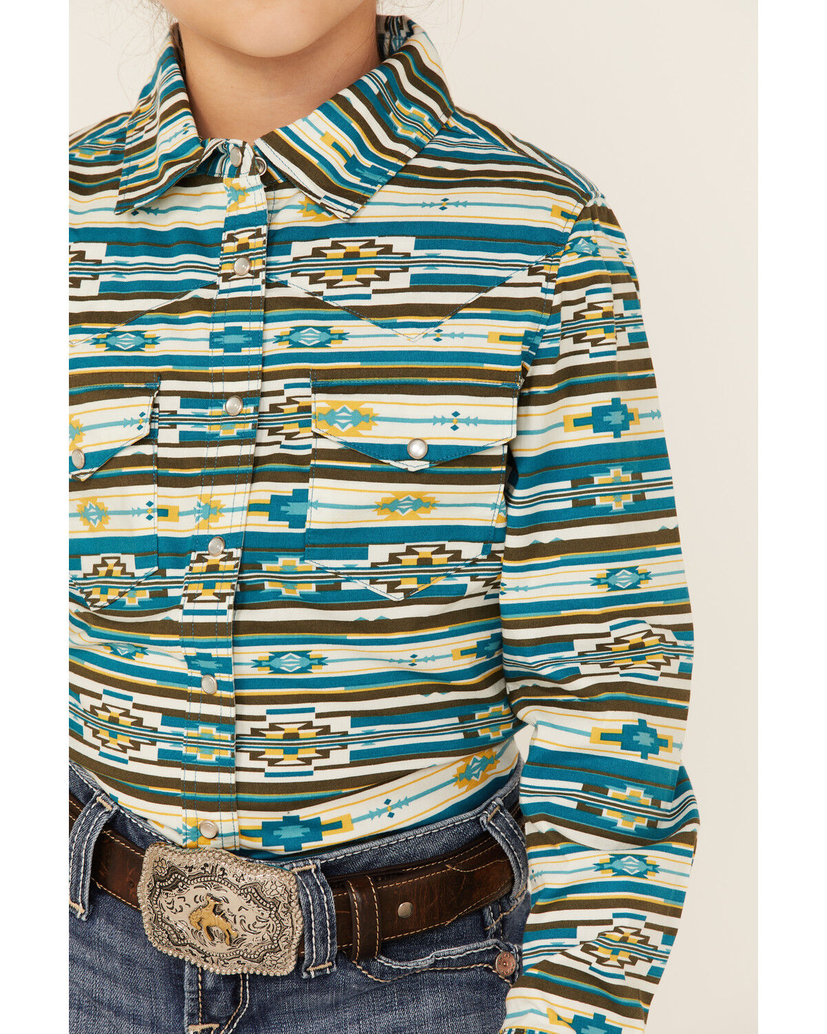 Image #2 - RANK 45® Girls' Southwestern Print Long Sleeve Pearl Snap Western Shirt, Teal, hi-res