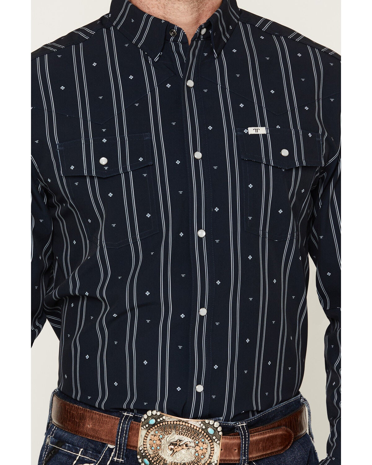 Image #3 - Ferrell Men's Chance Striped Print Long Sleeve Snap Stretch Western Shirt, Navy, hi-res