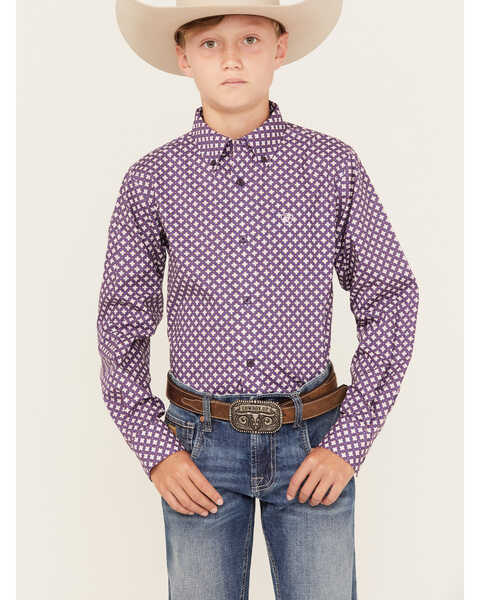 Ariat Boys' Misael Print Classic Fit Long Sleeve Button Down Western Shirt, Purple, hi-res