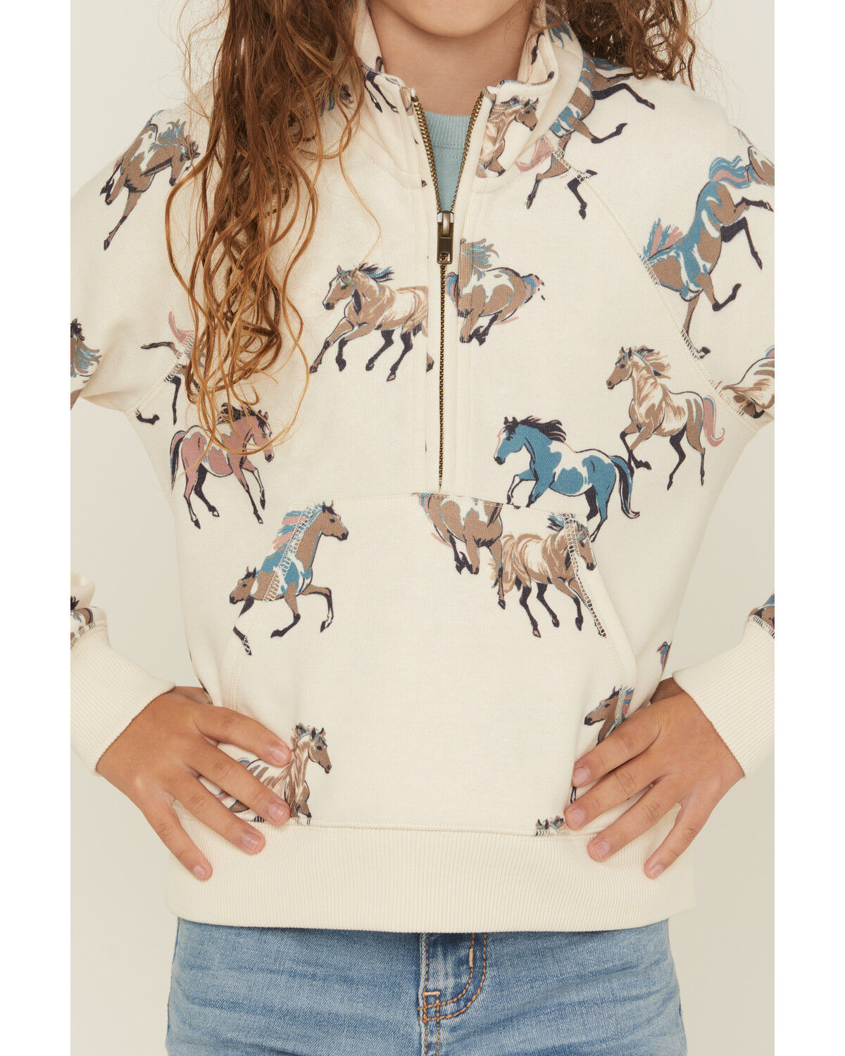 Image #3 - Shyanne Girls' Horse Print Half Zip Pullover, Cream, hi-res