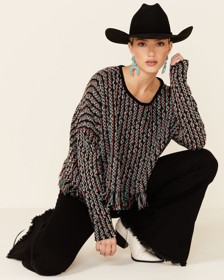 Rock & Roll Denim Women's Multi Stripe Frayed Edge Sweater , Coral, hi-res