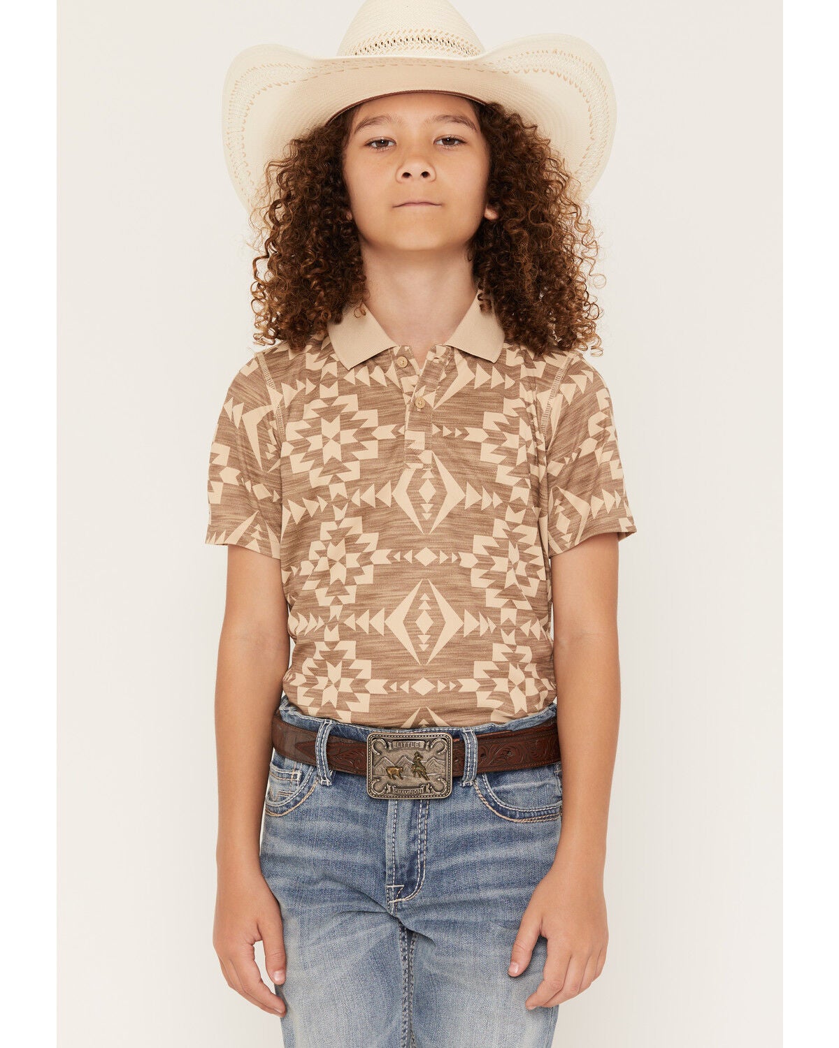 Image #1 - RANK 45&reg; Boys' Southwestern Print Short Sleeve Button-Down Polo Shirt, Tan, hi-res