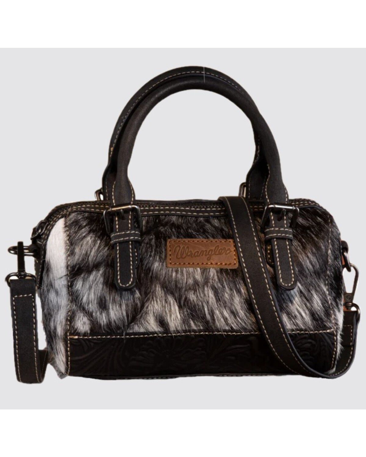 Image #1 - Wrangler Women's Genuine Cowhide Tooled Barrel Crossbody Bag, Black, hi-res