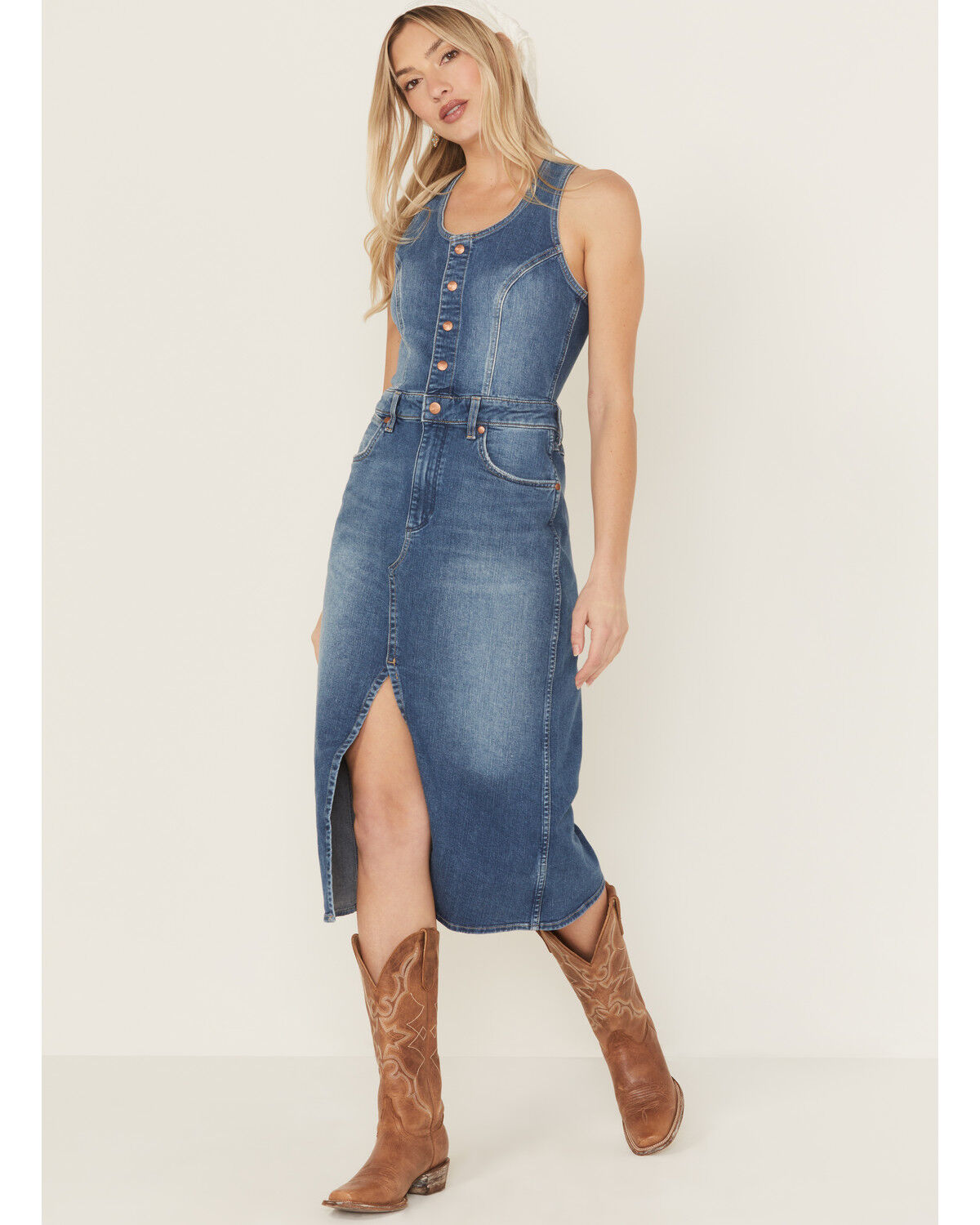 Image #1 - Wrangler Women's Racerback Button-Down Denim Midi Dress, Blue, hi-res