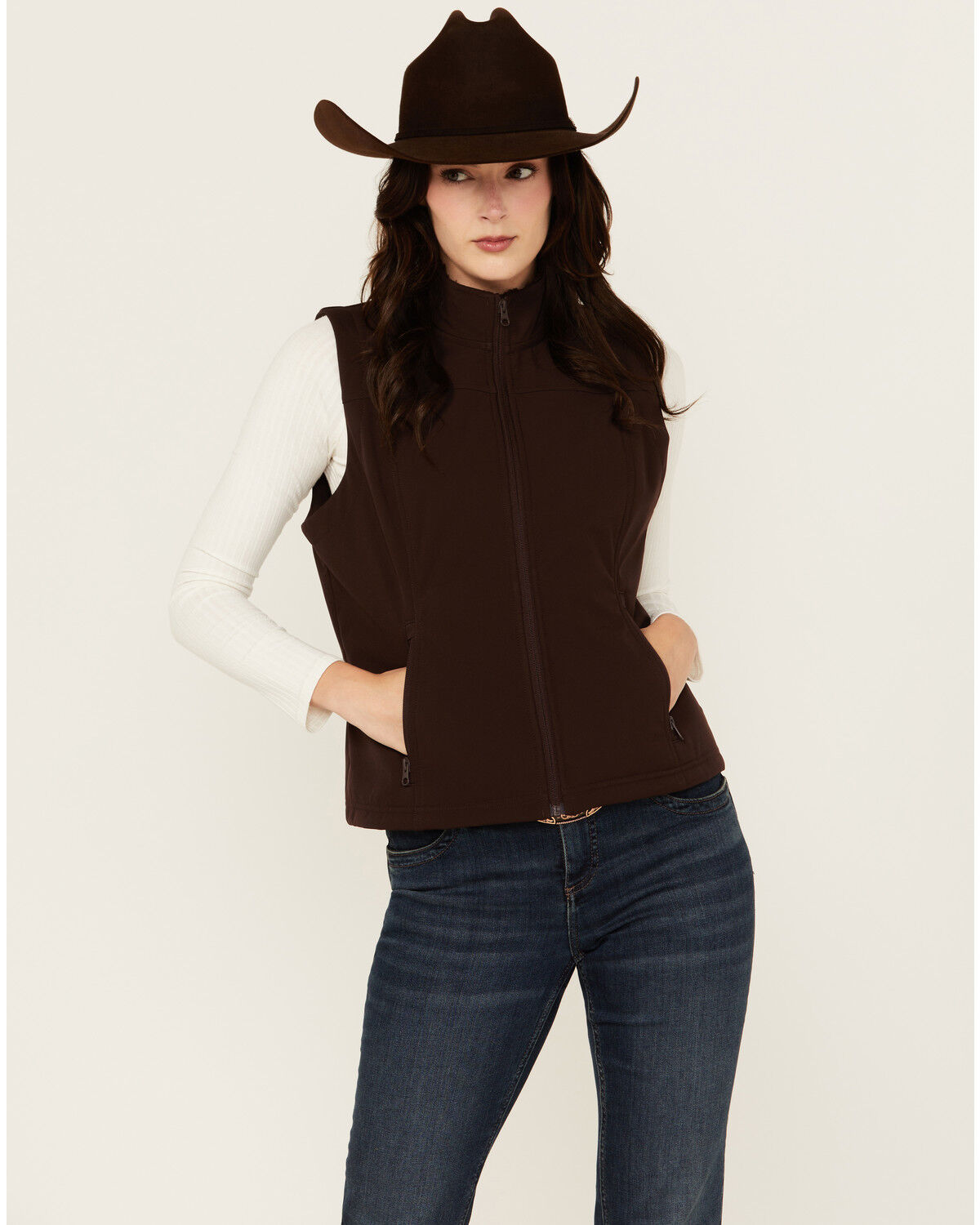 Image #1 - Shyanne Women's Solid Softshell Vest, Chocolate, hi-res