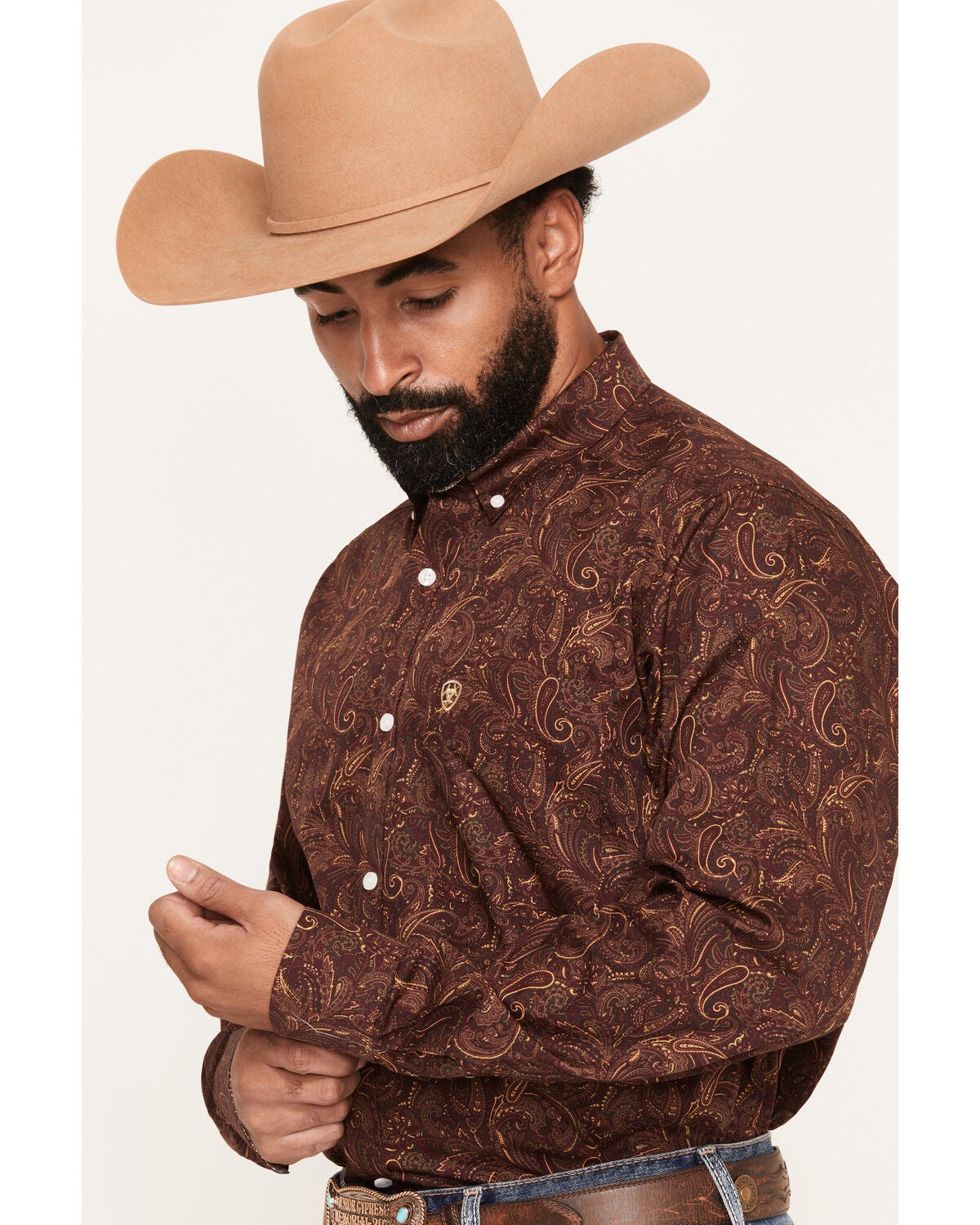 Image #2 - Ariat Men's Boot Barn Exclusive Reva Wrinkle Free Paisley Print Long Sleeve Button-Down Western Shirt, Burgundy, hi-res