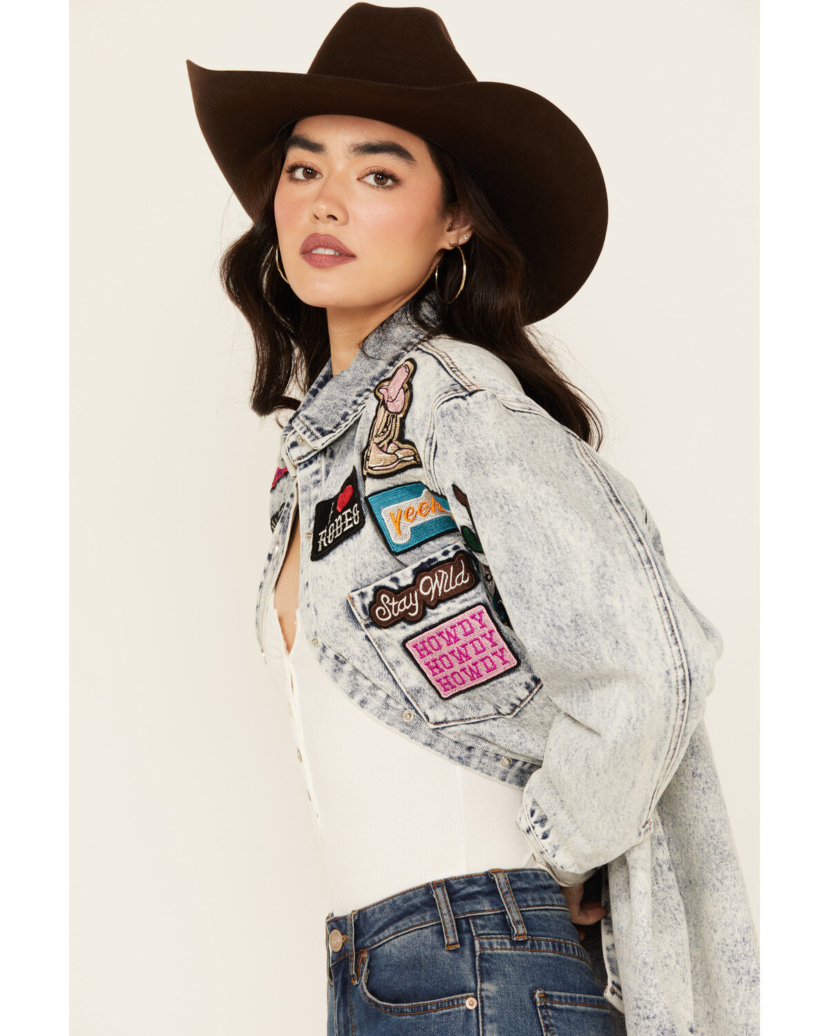 Image #2 - Blue B Women's Western Patchwork Snap Denim Shacket, Light Wash, hi-res