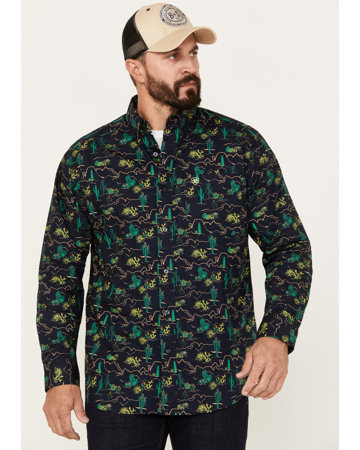 Image #1 - Ariat Men's Beckett All-Over Desert Print Button-Down Western Shirt, Navy, hi-res